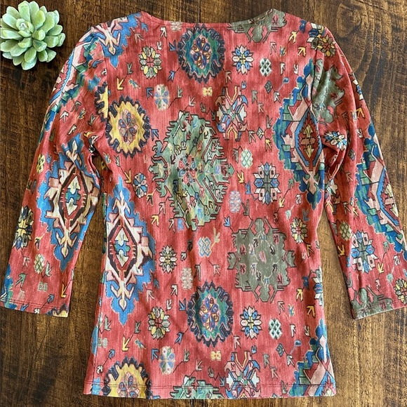 CHAPS | Faux Wrap Neckline, Double Knit Mesh Southwestern Print Blouse, NWT - Picture 2 of 6